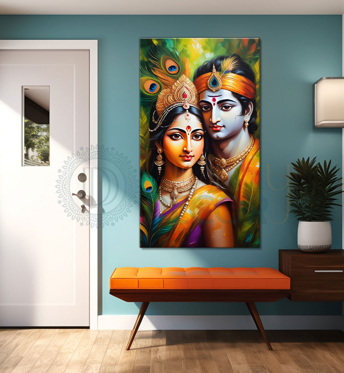Blue face of krishna with radha in colourful background textured art Canvas Painting - Design - Krishna-V-6