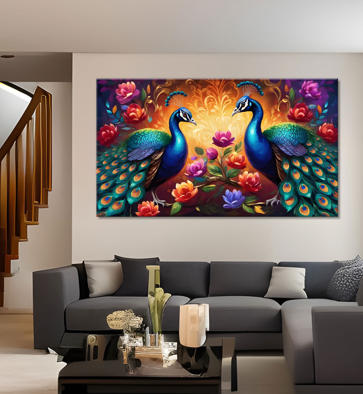 Peacocks with flowers oil painting Canvas Painting - Design - Peacock-6