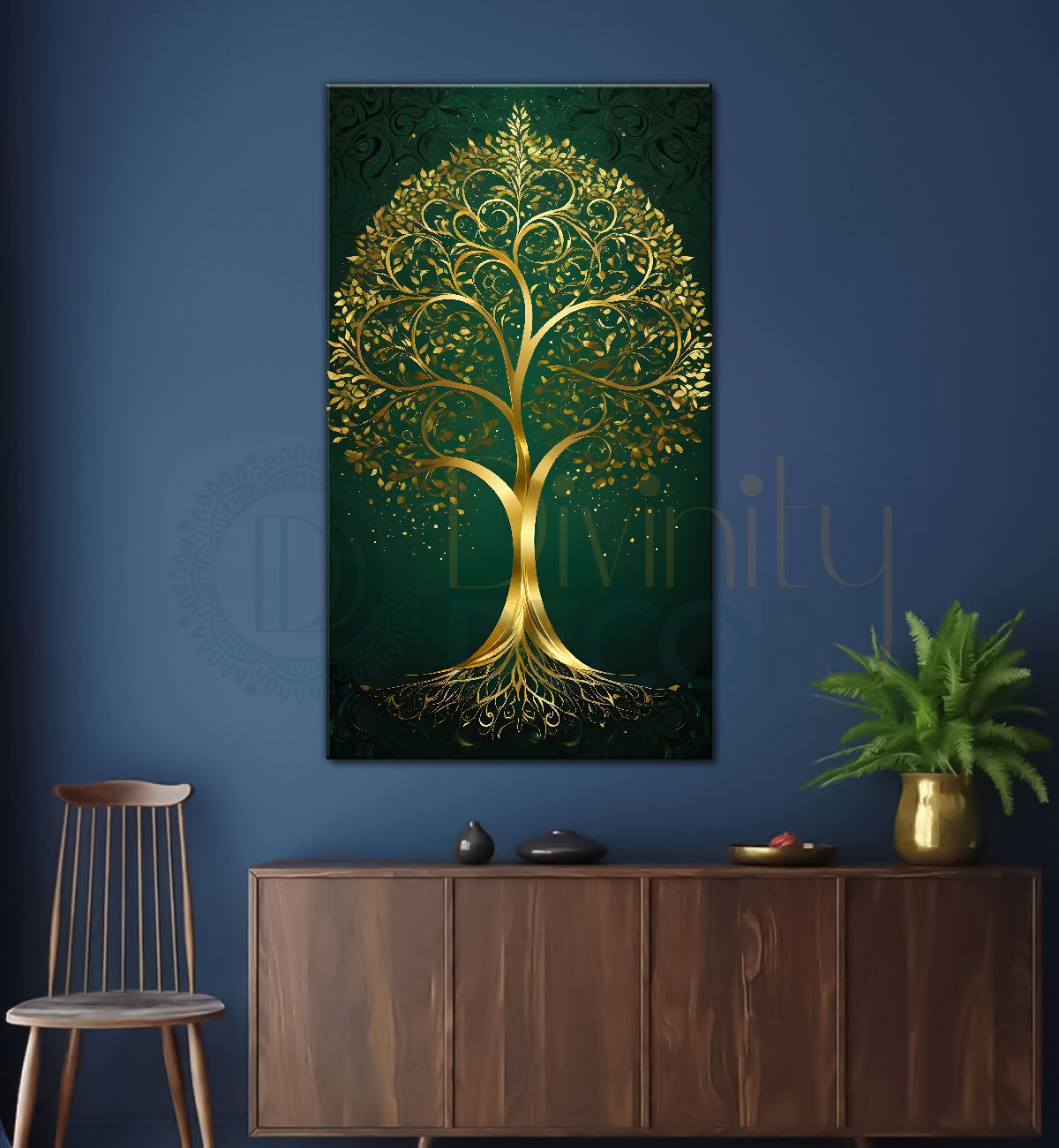 Golden tree in dark green texutred background modern art Canvas painting - Tree-V-6