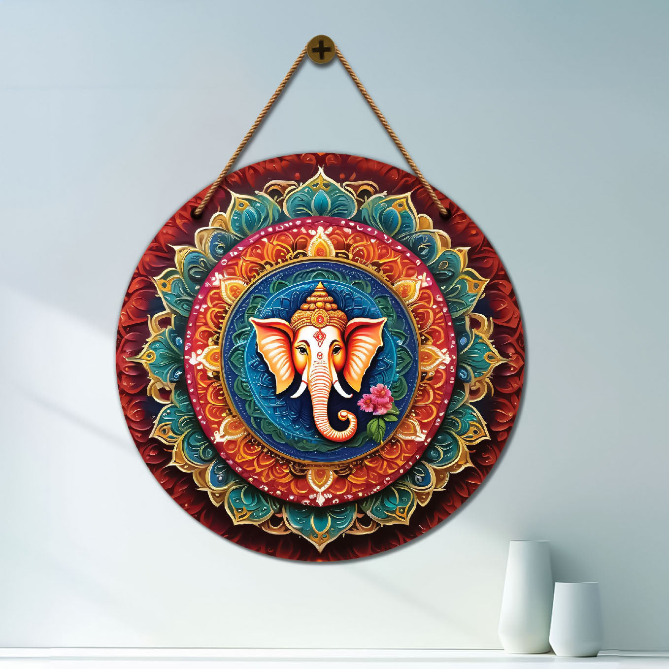 Ganesh Ji in blue and red mandala Round Wooden Wall Hanging for wall Décor - Design - 70