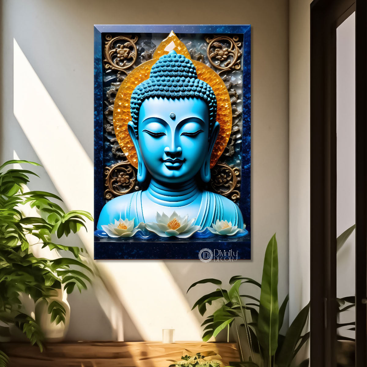 Sky blue buddha with yellow chakra background painting - Buddha-V-70