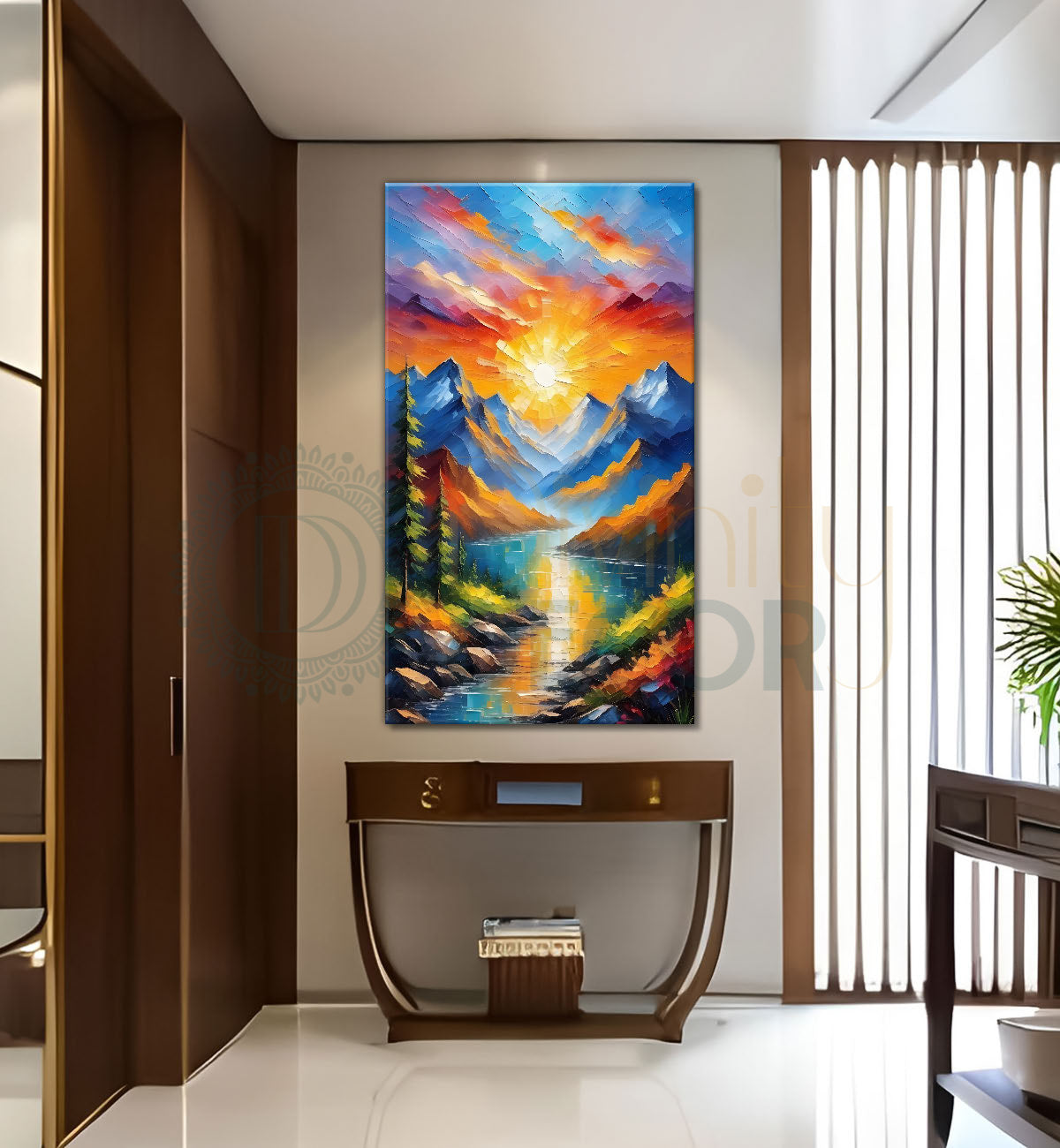 Mountians with lake and sunrise background textured painting Canvas Painting - Nature Art -V-70