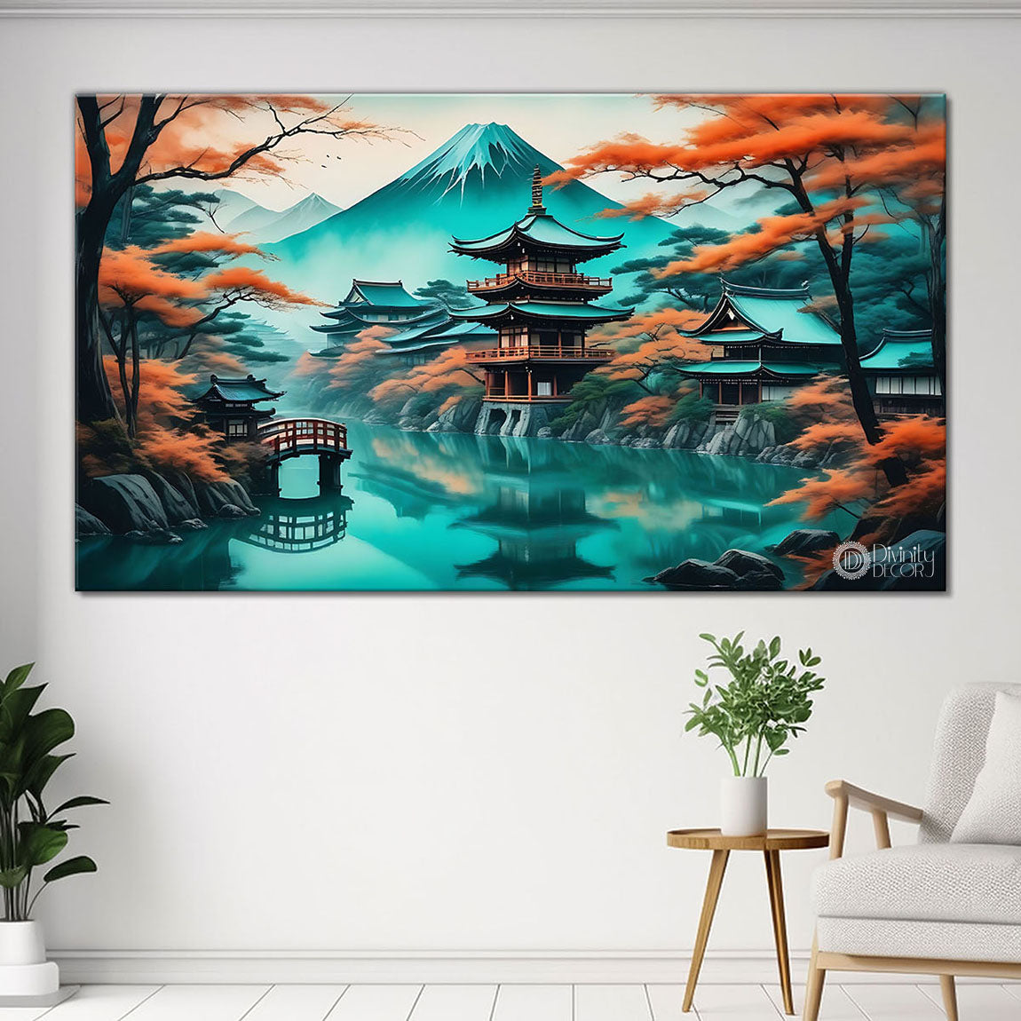 Mountains with Japanese style houses and lake in textured natural art Canvas Painting - Nature Art -70