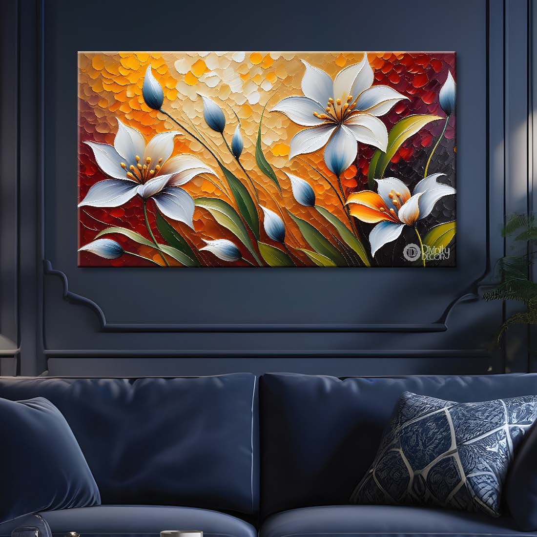 White flowers with yellow textured background  painting- Design - Flower-70