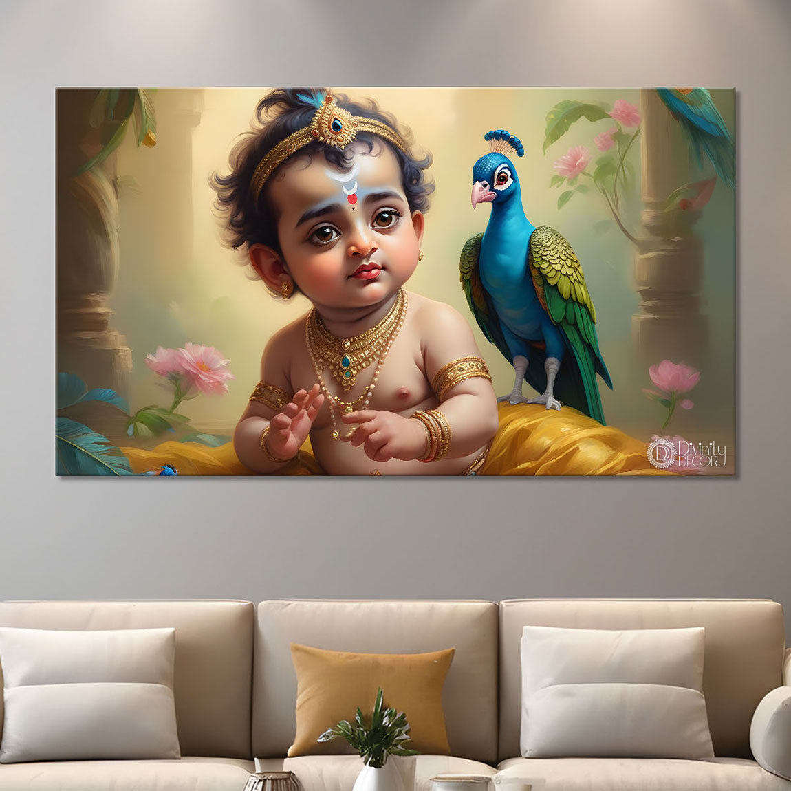 Little Krishna with peacocks painting Canvas Painting - Design - Krishna-70