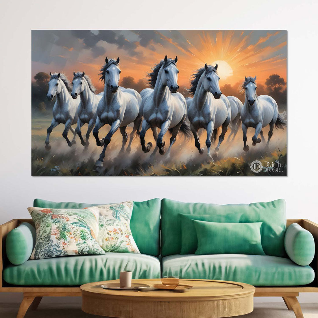 White running horses with cloudy and sunrise textured background art Canvas Painting - Design - Horse-70