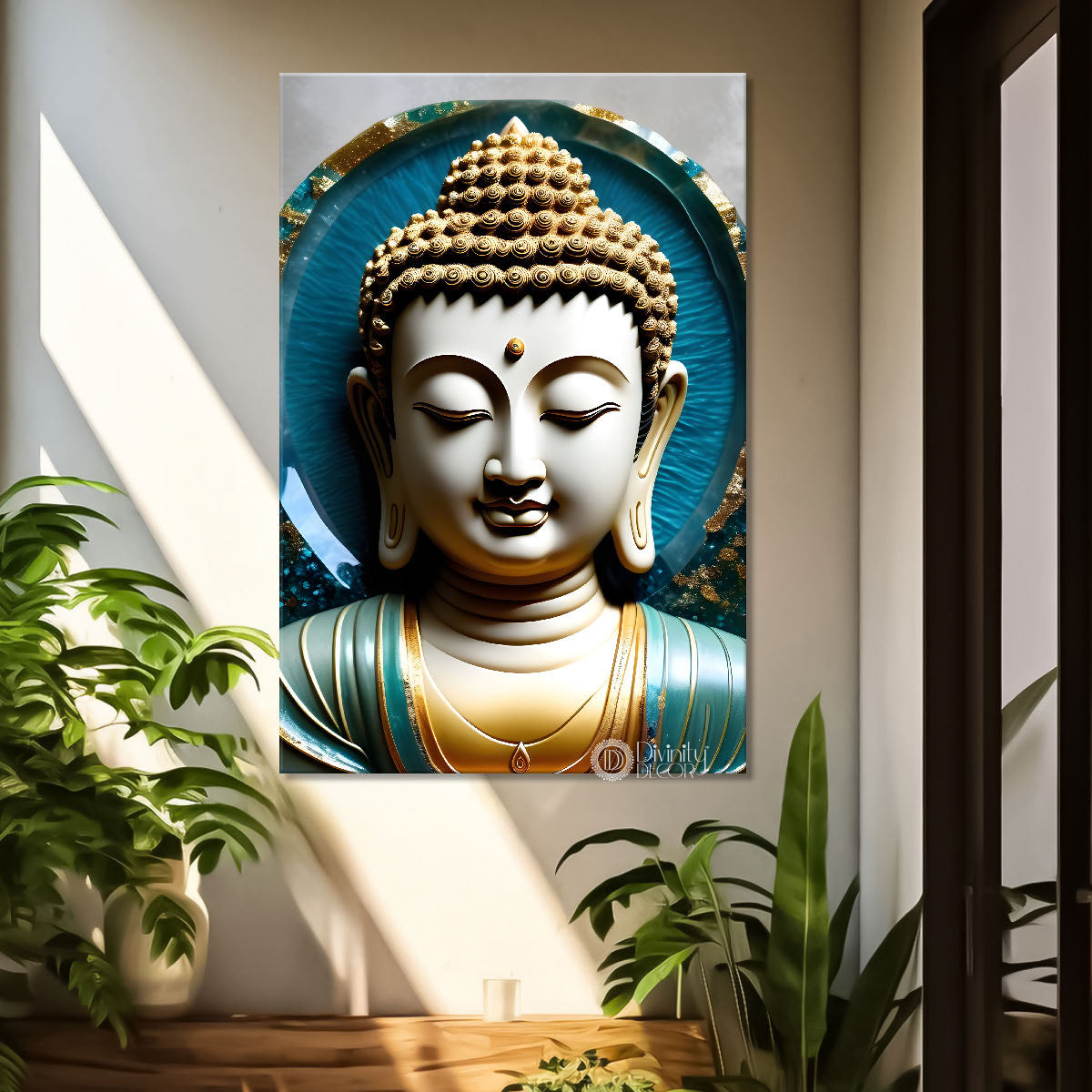 White buddha face with blue chakra background painting - Buddha-V-71