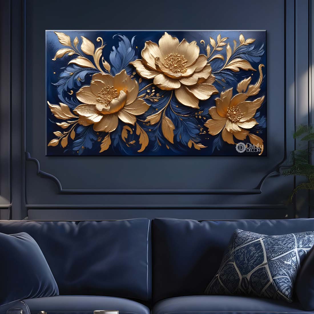 Golden flowers with blue textured background painting- Design - Flower-71