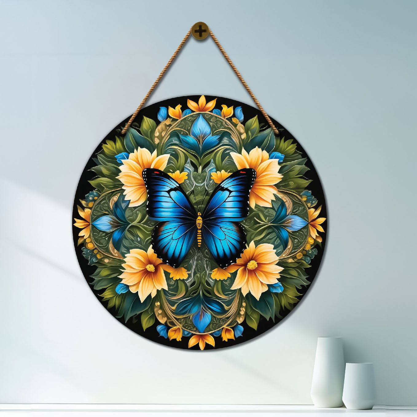 Blue Butterfly in green and yellow mandala Round Wooden Wall Hanging for wall Décor - Design - 71