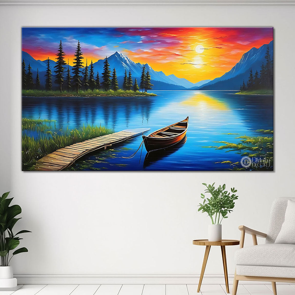 Mountains with river and sunrise in textured natural art Canvas Painting - Nature Art -71