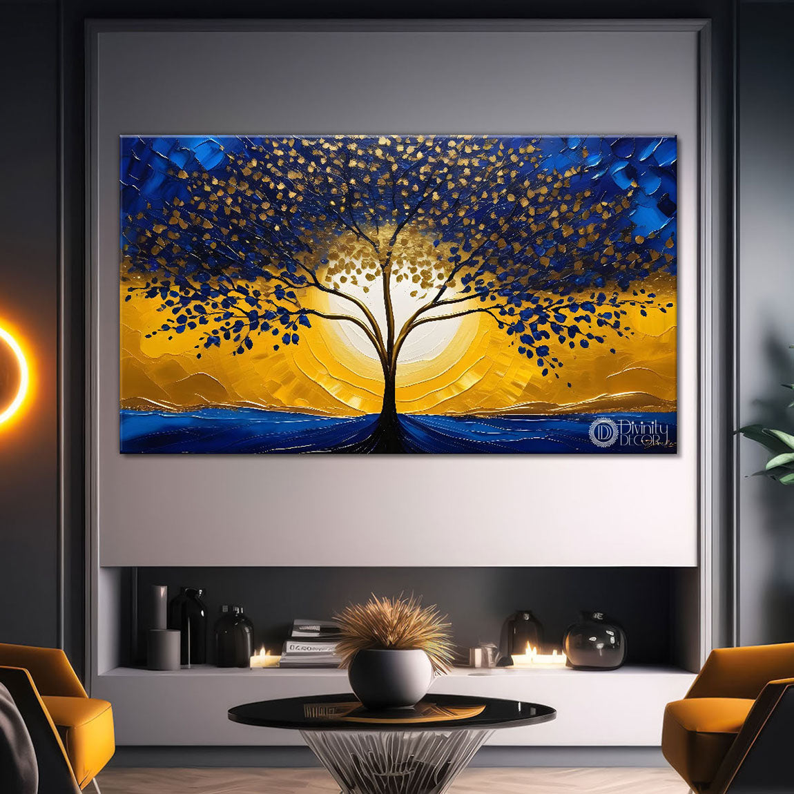 Golden tree in dark blue textured background modern art Canvas Painting - Design - Tree-71