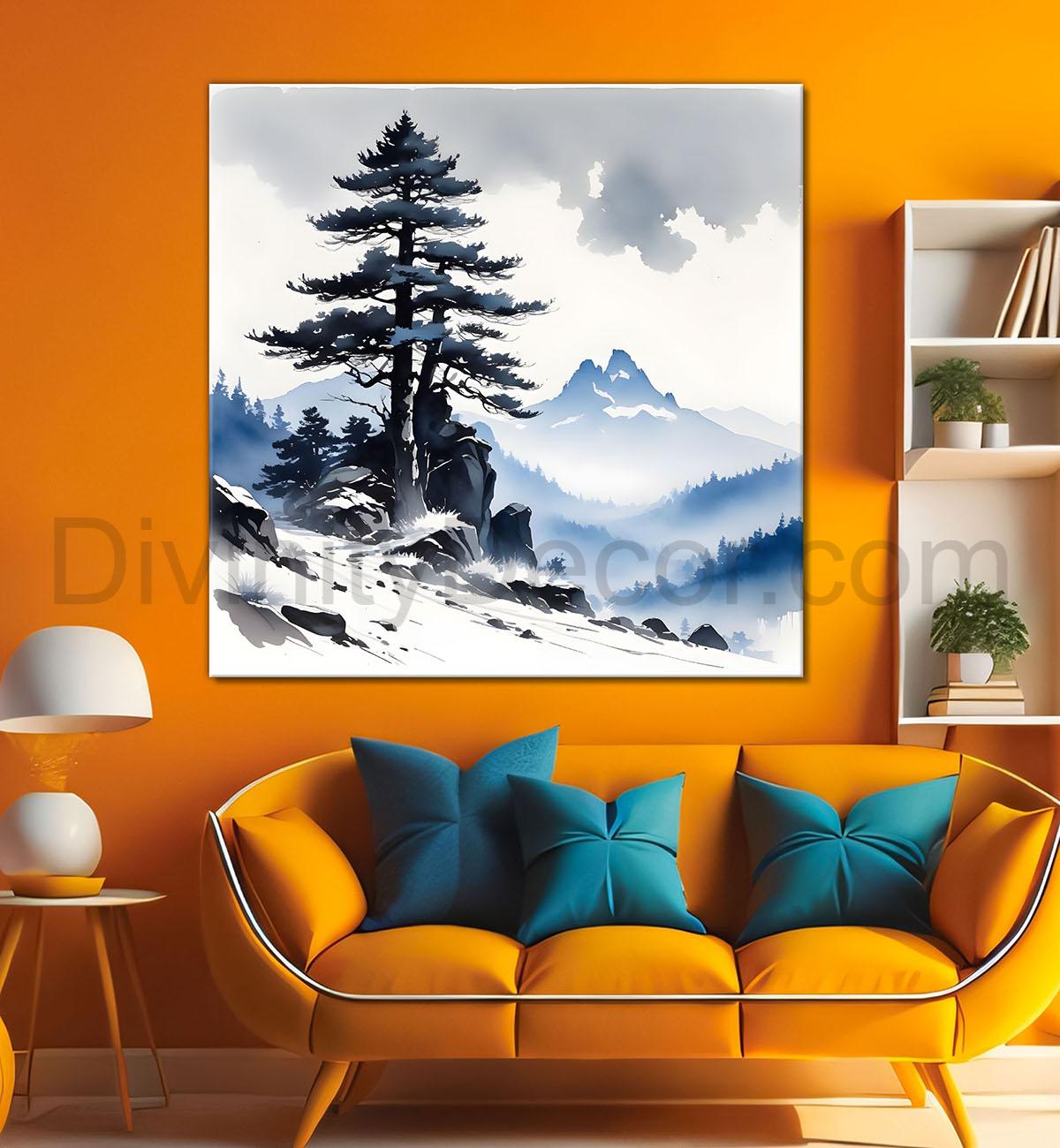 Mountains and the tree painting 24X24- Nature Art -S-71