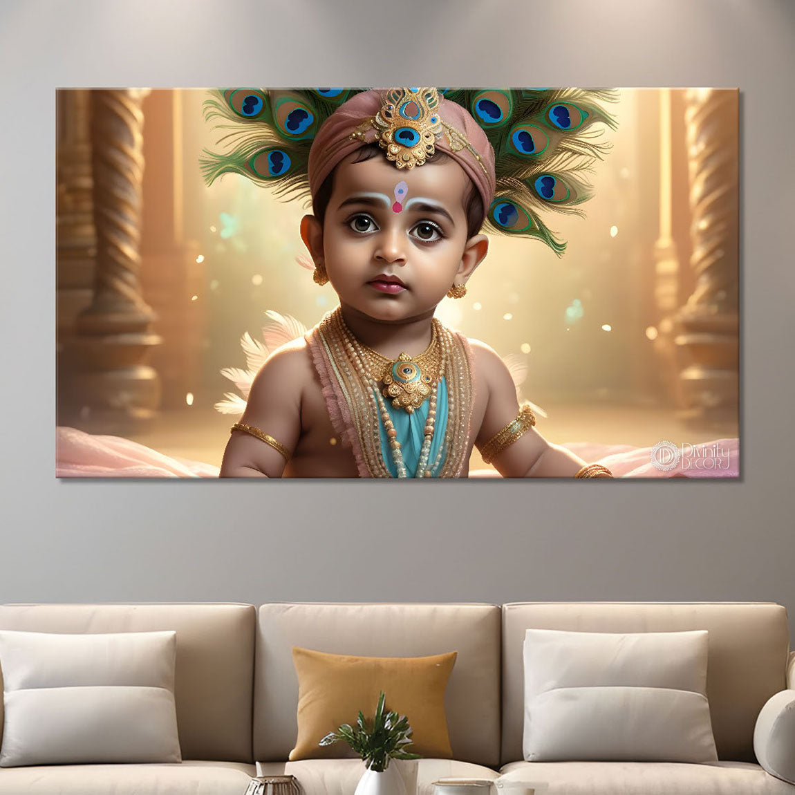 Baby with peacock feather crown painting Canvas Painting - Design - Krishna-71