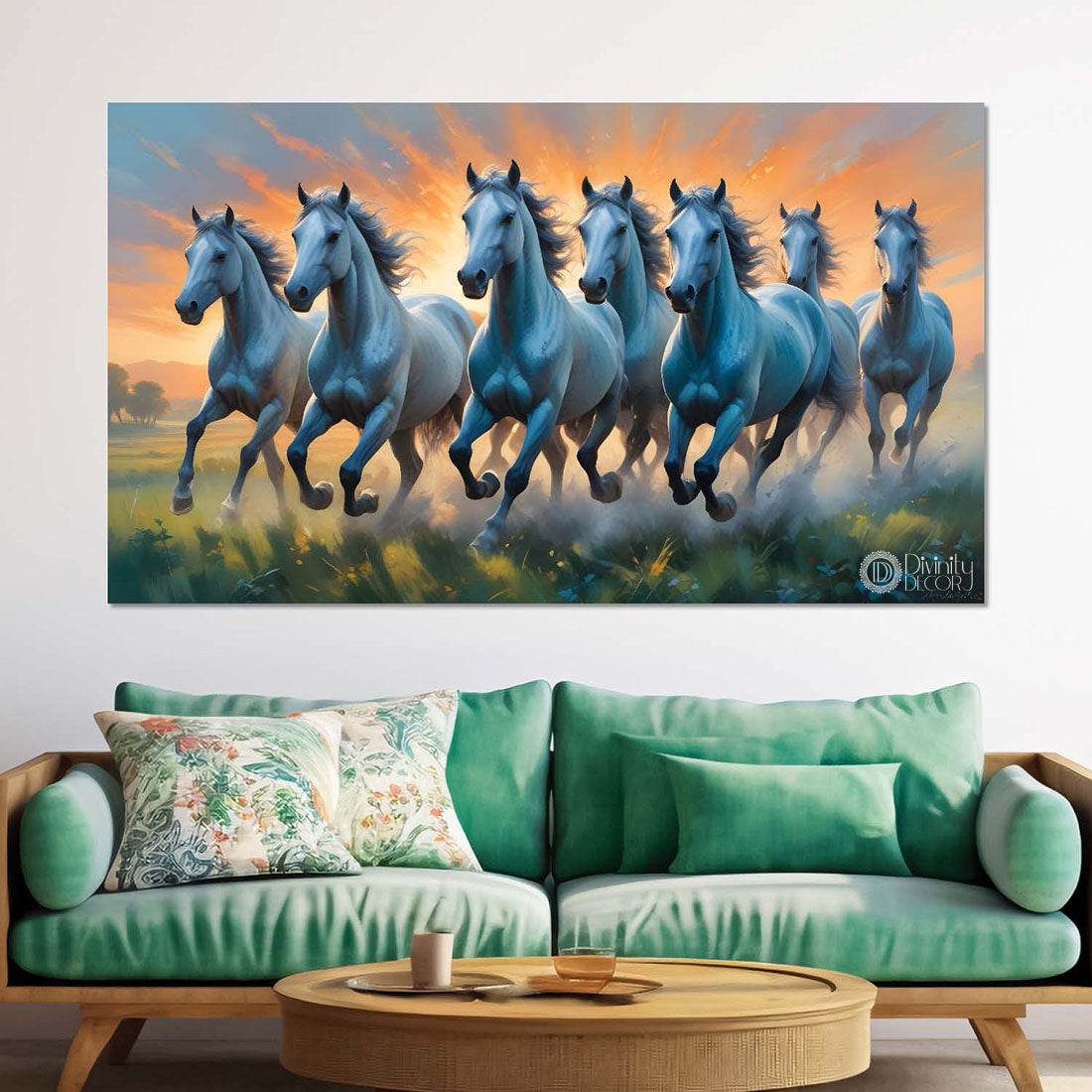White running horses on the grass with yellow sky textured background art Canvas Painting - Design - Horse-72