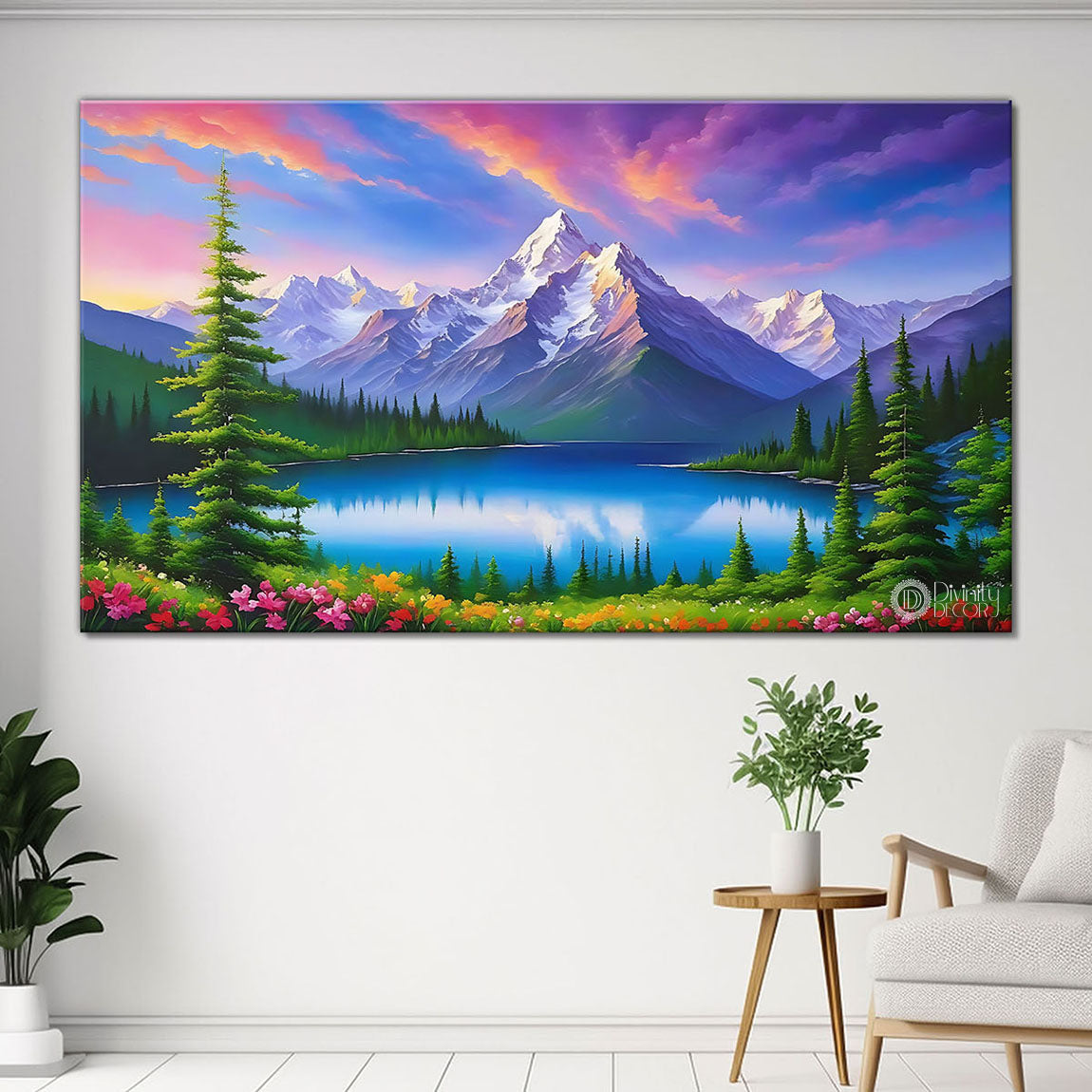 Mountains with river and trees in purple textured natural art Canvas Painting - Nature Art -72