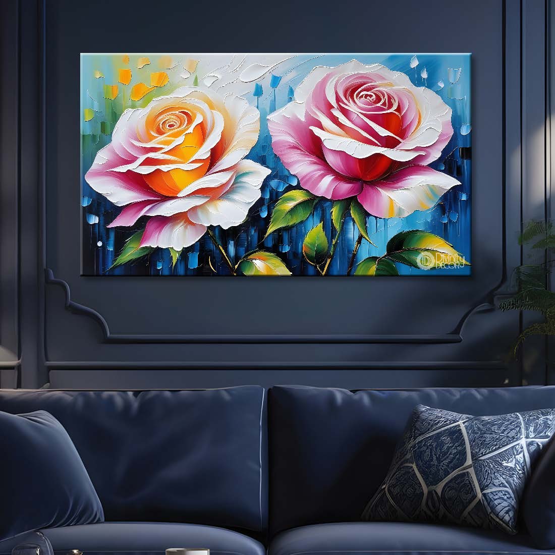 Pink flower with blue textured background painting- Design - Flower-72