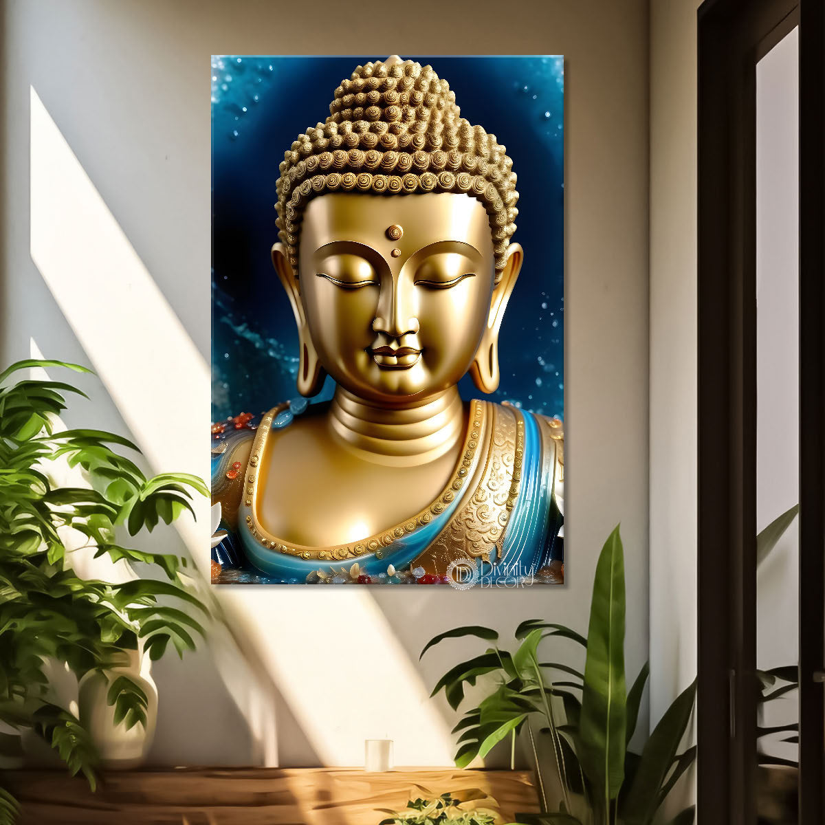 Golden buddha with navy blue background painting - Buddha-V-72
