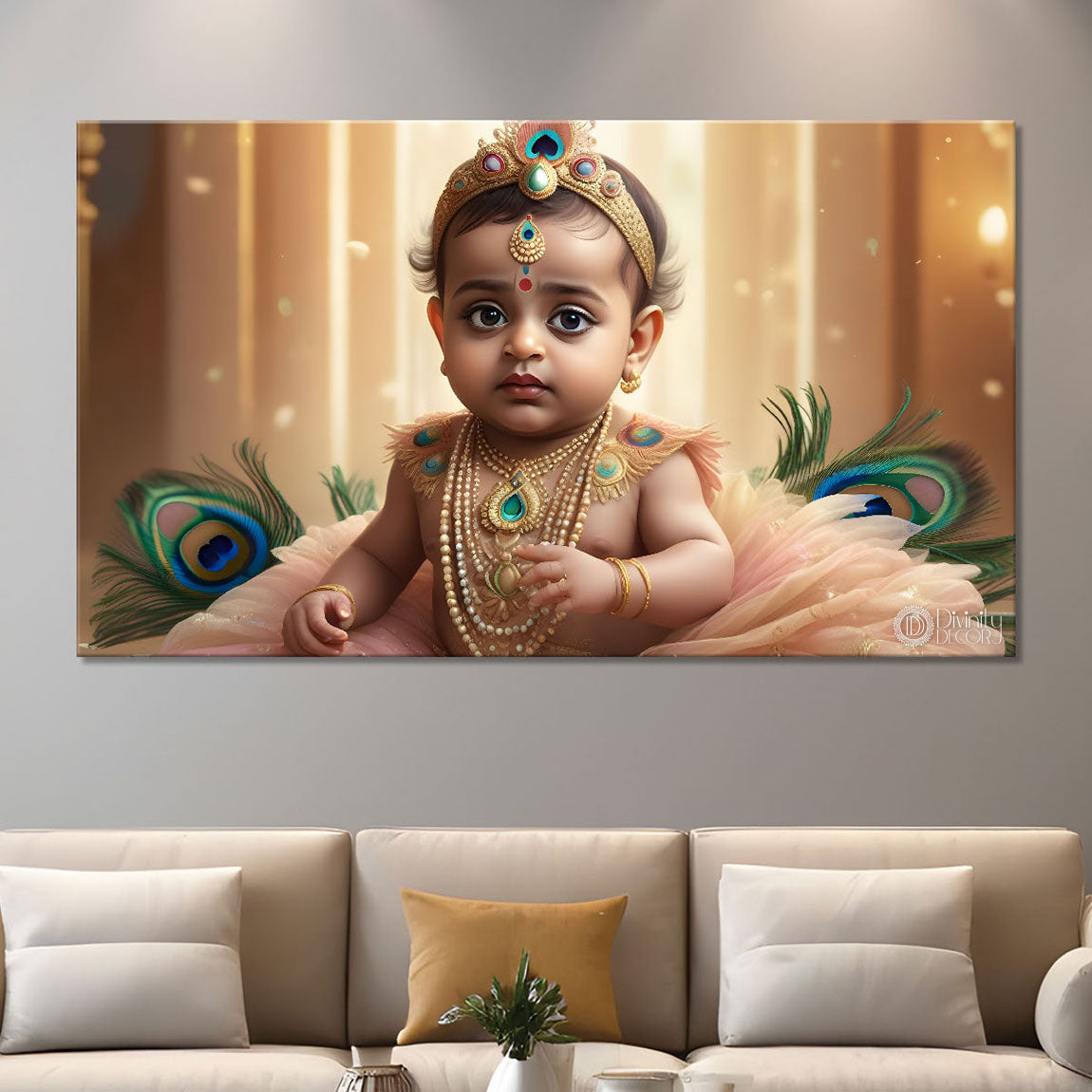 Baby with peacock feathers painting Canvas Painting - Design - Krishna-72