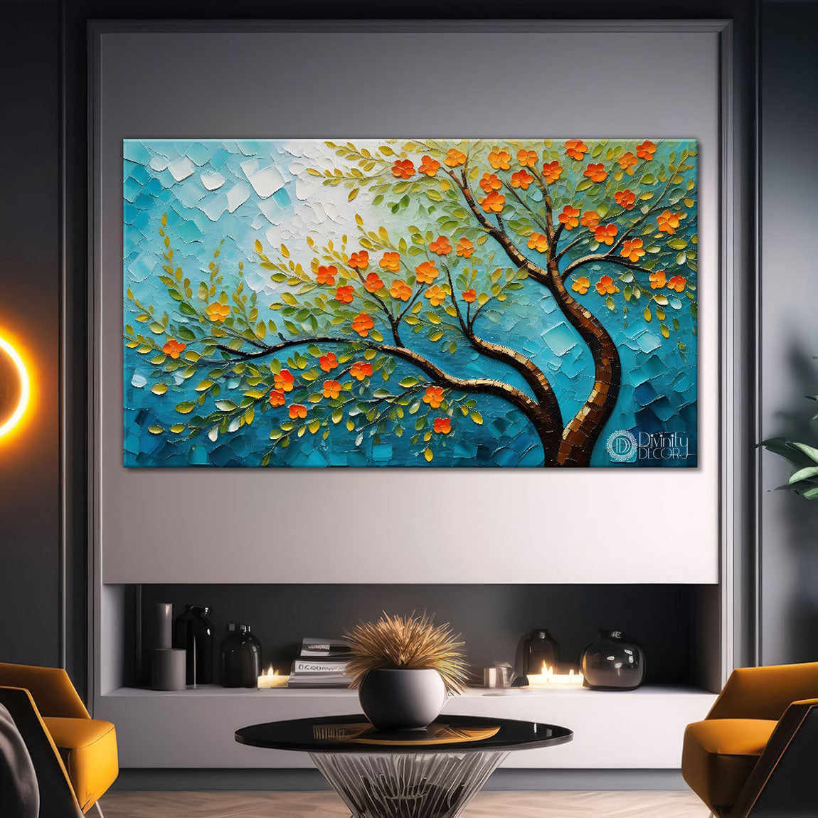 Orange flower tree in textured modern art Canvas Painting - Design - Tree-72