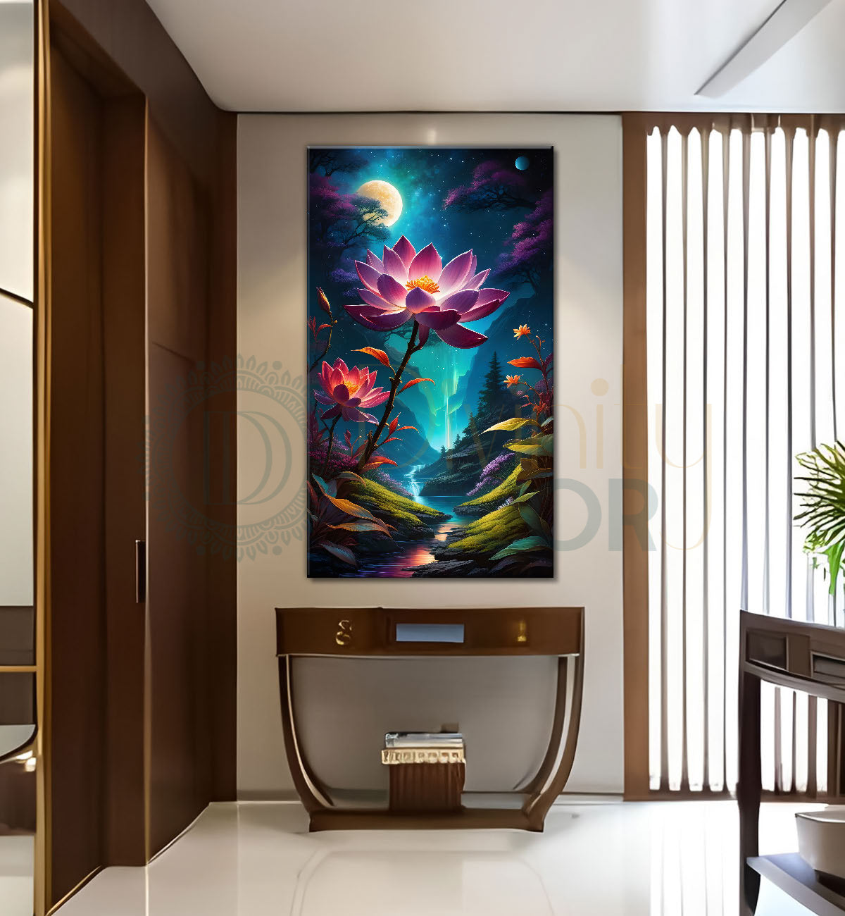 Lotus with mountians and night night background with moon textured painting Canvas Painting - Nature Art -V-72