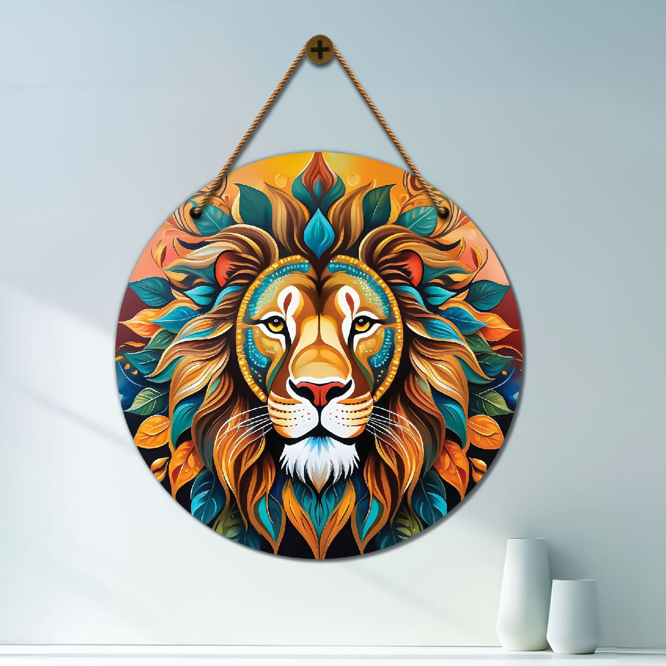 Lion in green and orange mandala Round Wooden Wall Hanging for wall Décor - Design - 72