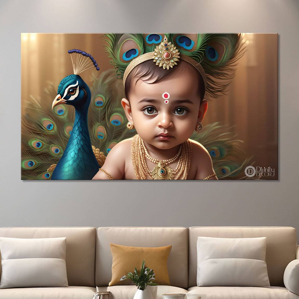 Baby with peacock painting Canvas Painting - Design - Krishna-73