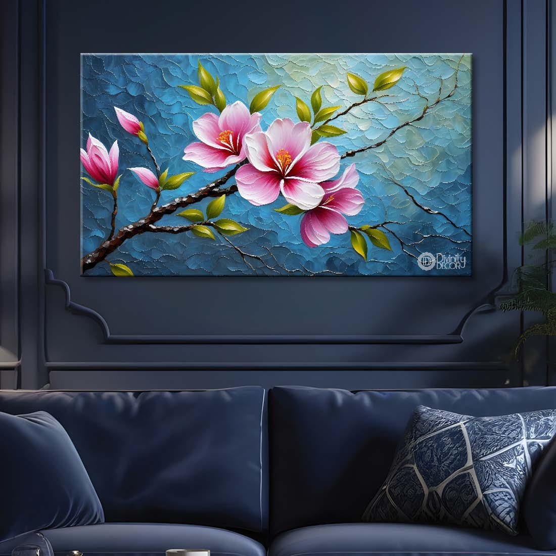 Pink flower with blue textured background painting- Design - Flower-73