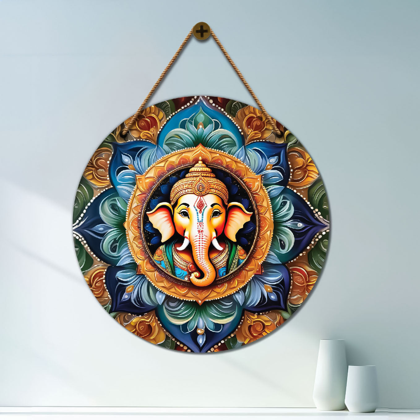 Ganesh Ji in blue and yellow mandala Round Wooden Wall Hanging for wall Décor - Design - 73