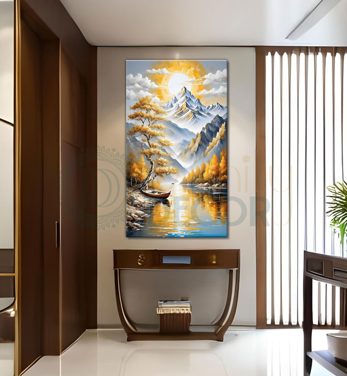 Golden trees with lake and white mountains textured painting Canvas Painting - Nature Art -V-73