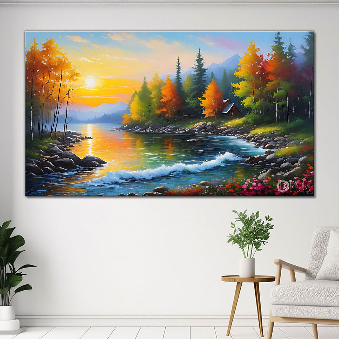 Mountain with lake and colorful trees in textured natural art Canvas Painting - Nature Art -73