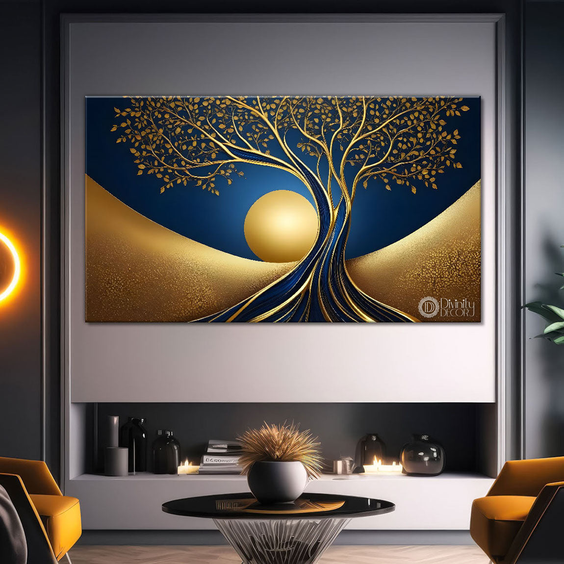 Golden tree in dark blue textured background modern art Canvas Painting - Design - Tree-73