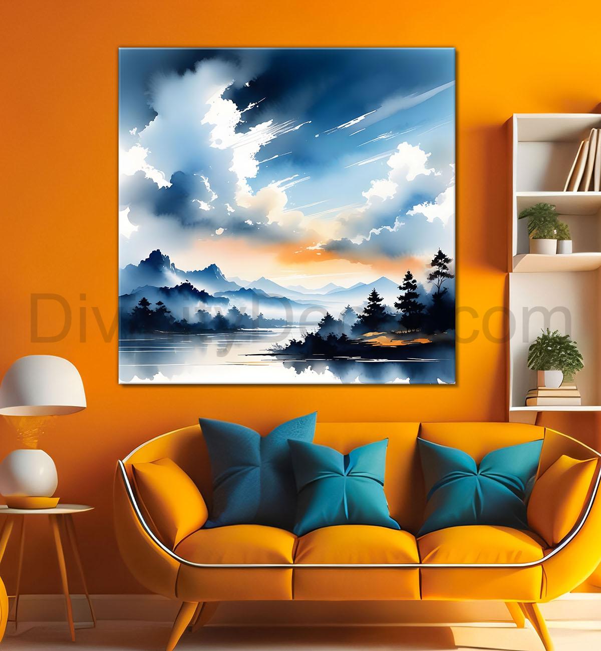 Mountains and the river with tree water colour painting 24X24- Nature Art -S-74