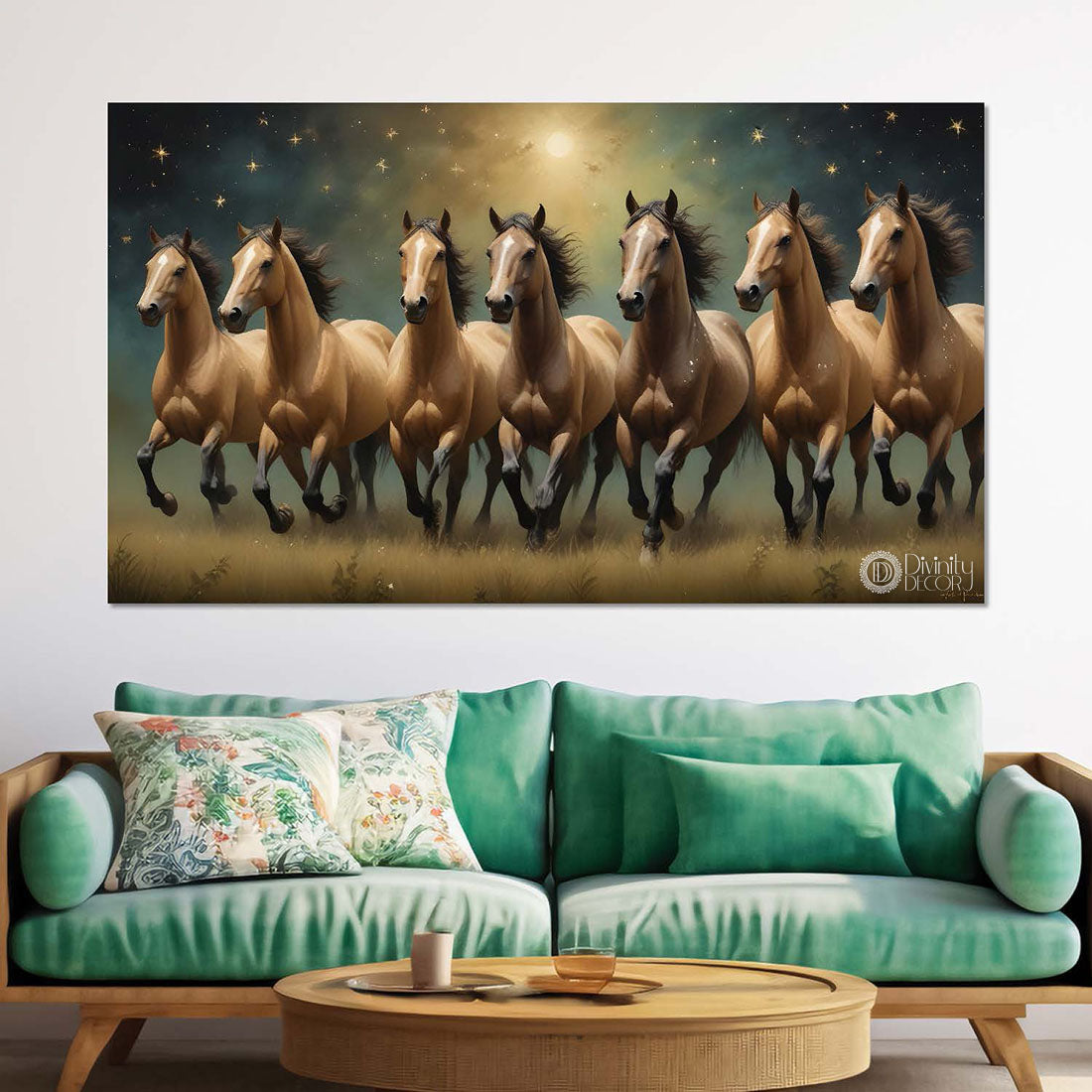 Brown running horses on the grass with yellow stars and dark textured background art Canvas Painting - Design - Horse-74