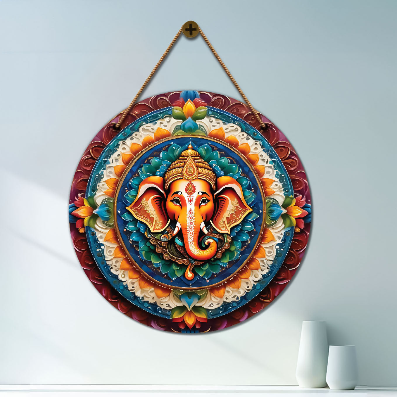Ganesh Ji in green and red mandala Round Wooden Wall Hanging for wall Décor - Design - 74