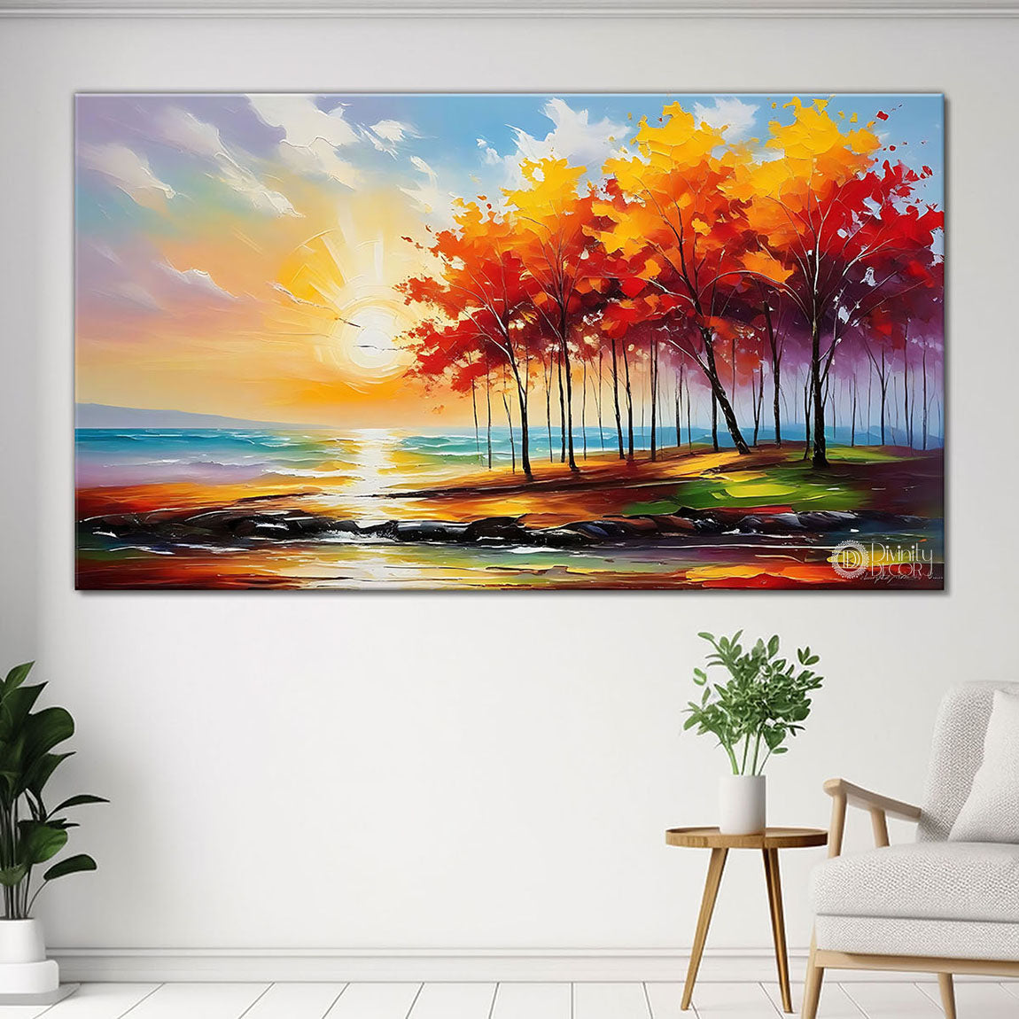 Orange trees with sunrise in textured natural art Canvas Painting - Nature Art -74