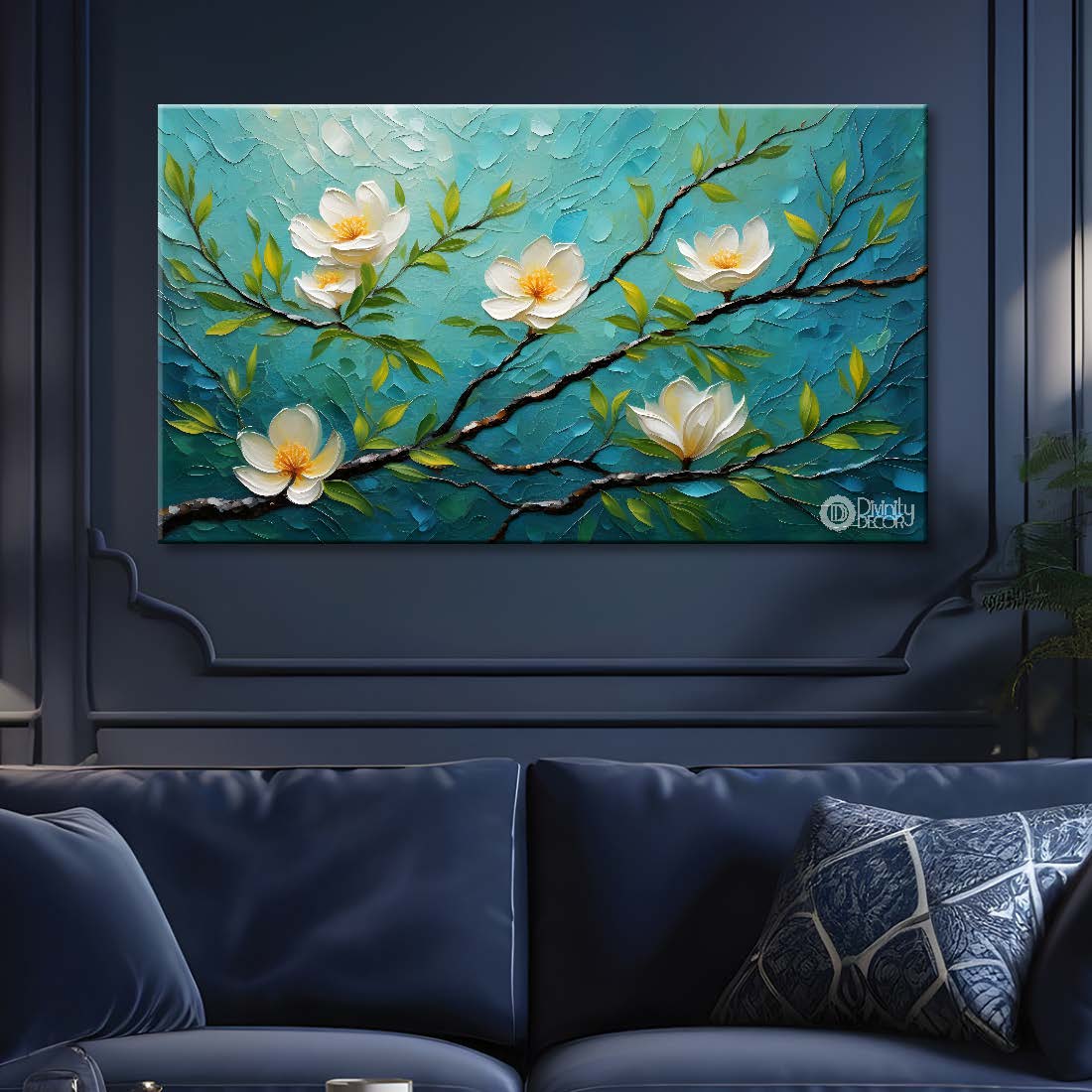 White flowers with blue textured background  painting- Design - Flower-74