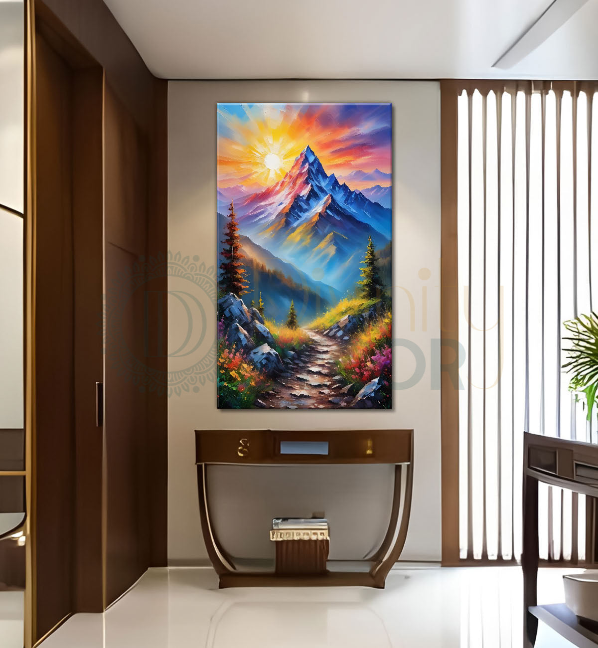 Mountians with colourful greenery with sunrise textured painting Canvas Painting - Nature Art -V-74