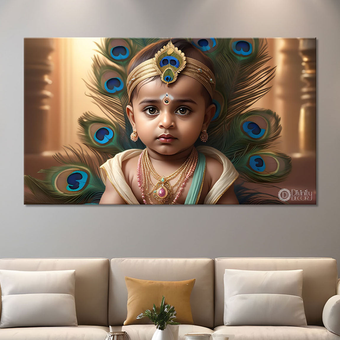 Baby with peacock feathers painting Canvas Painting - Design - Krishna-74