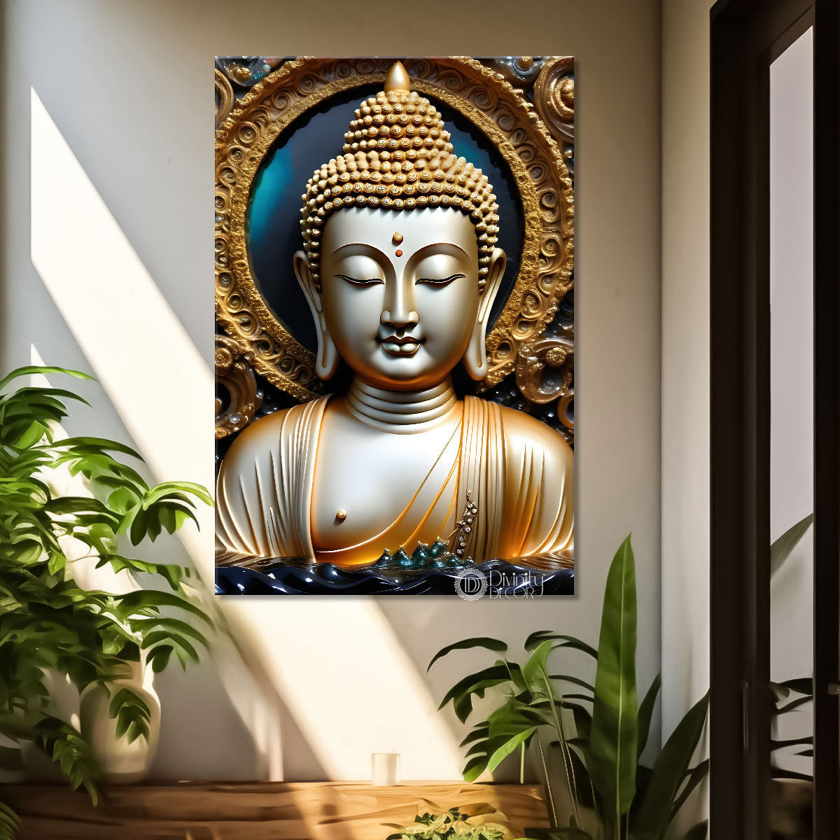 White buddha with golden chakra background painting - Buddha-V-74