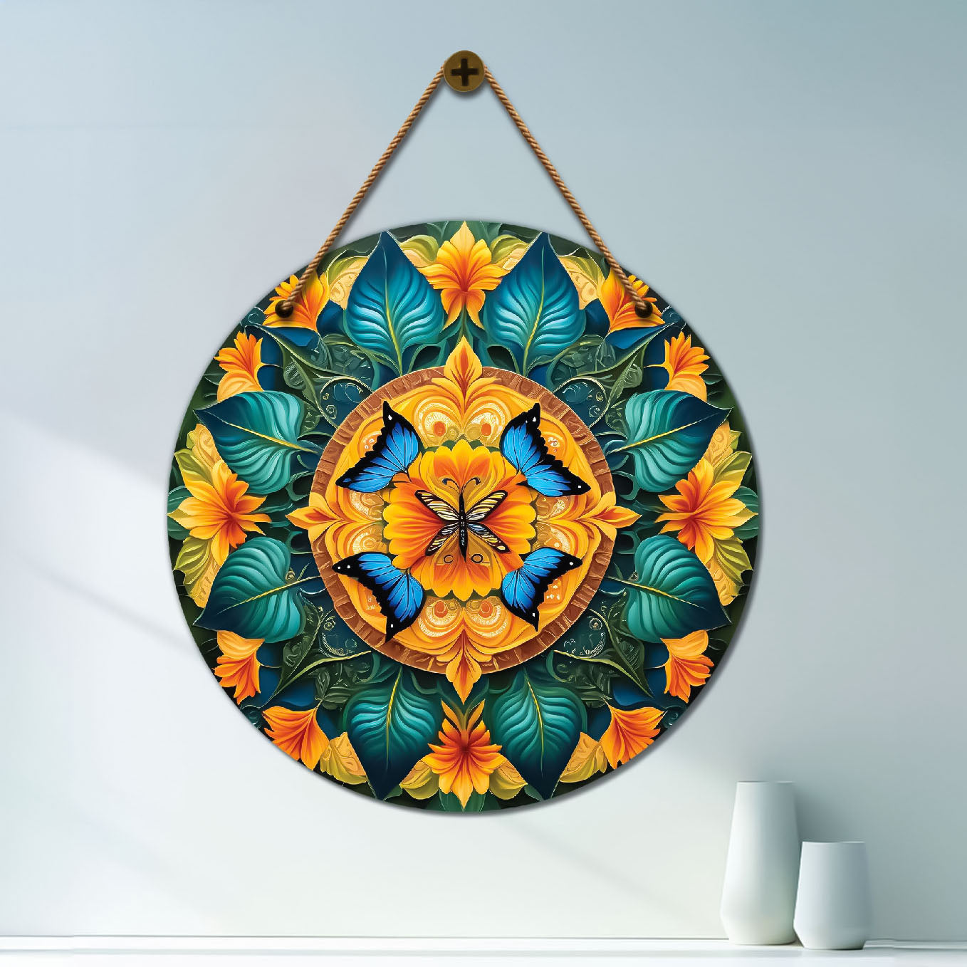 Butterfly in orange and green mandala Round Wooden Wall Hanging for wall Décor - Design - 75