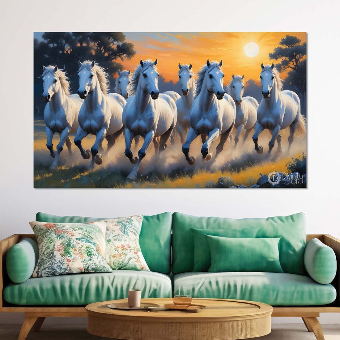 White running horses on the grass with trees and sunrise textured background art Canvas Painting - Design - Horse-75