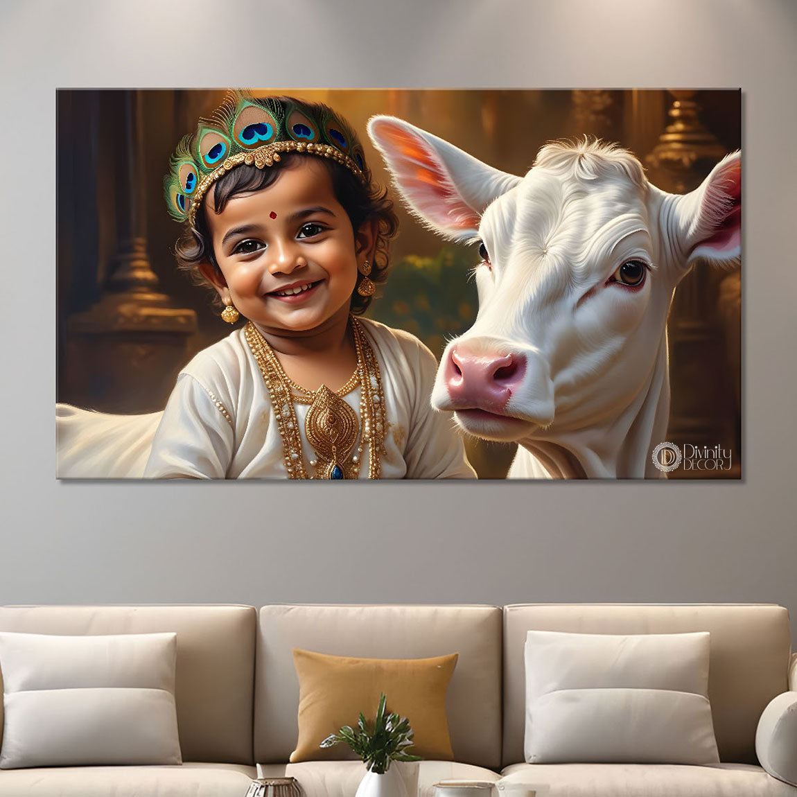 Little Krishna with baby cow painting Canvas Painting - Design - Krishna-75