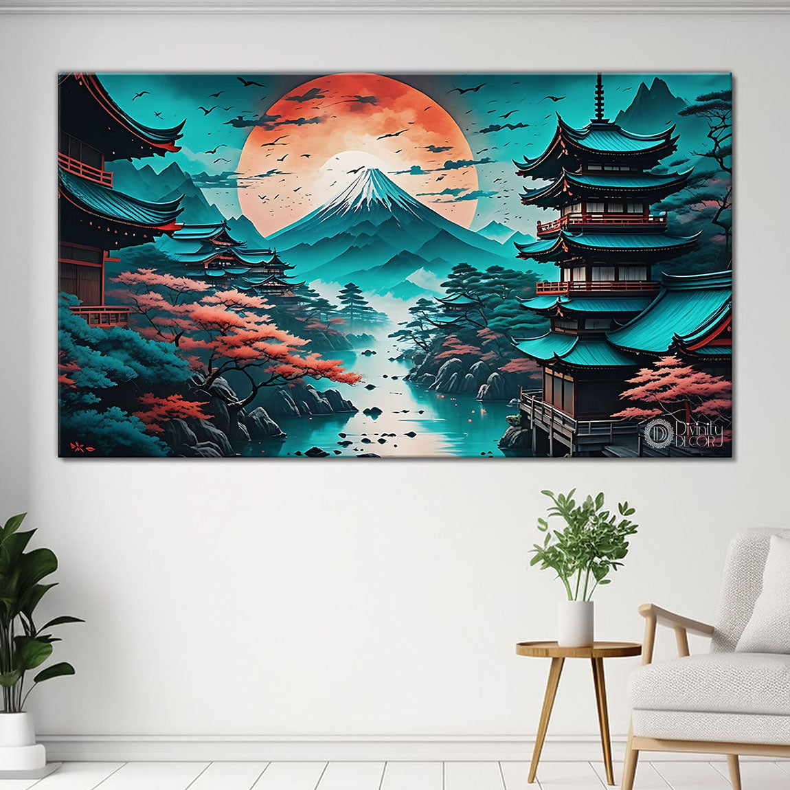 Mountains Japanese style house in textured natural art Canvas Painting - Nature Art -75
