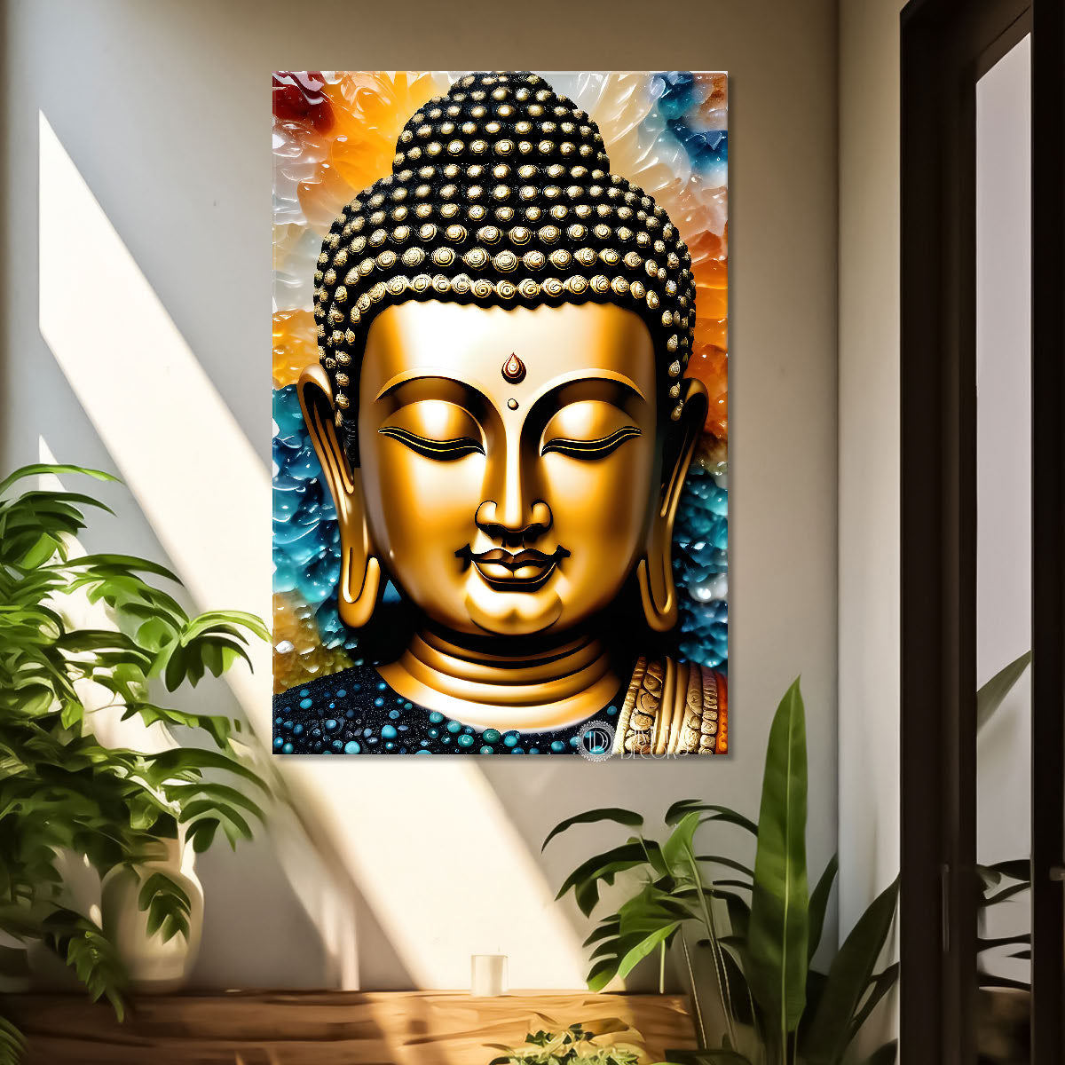 Golden buddha with colourful background textured painting - Buddha-V-75