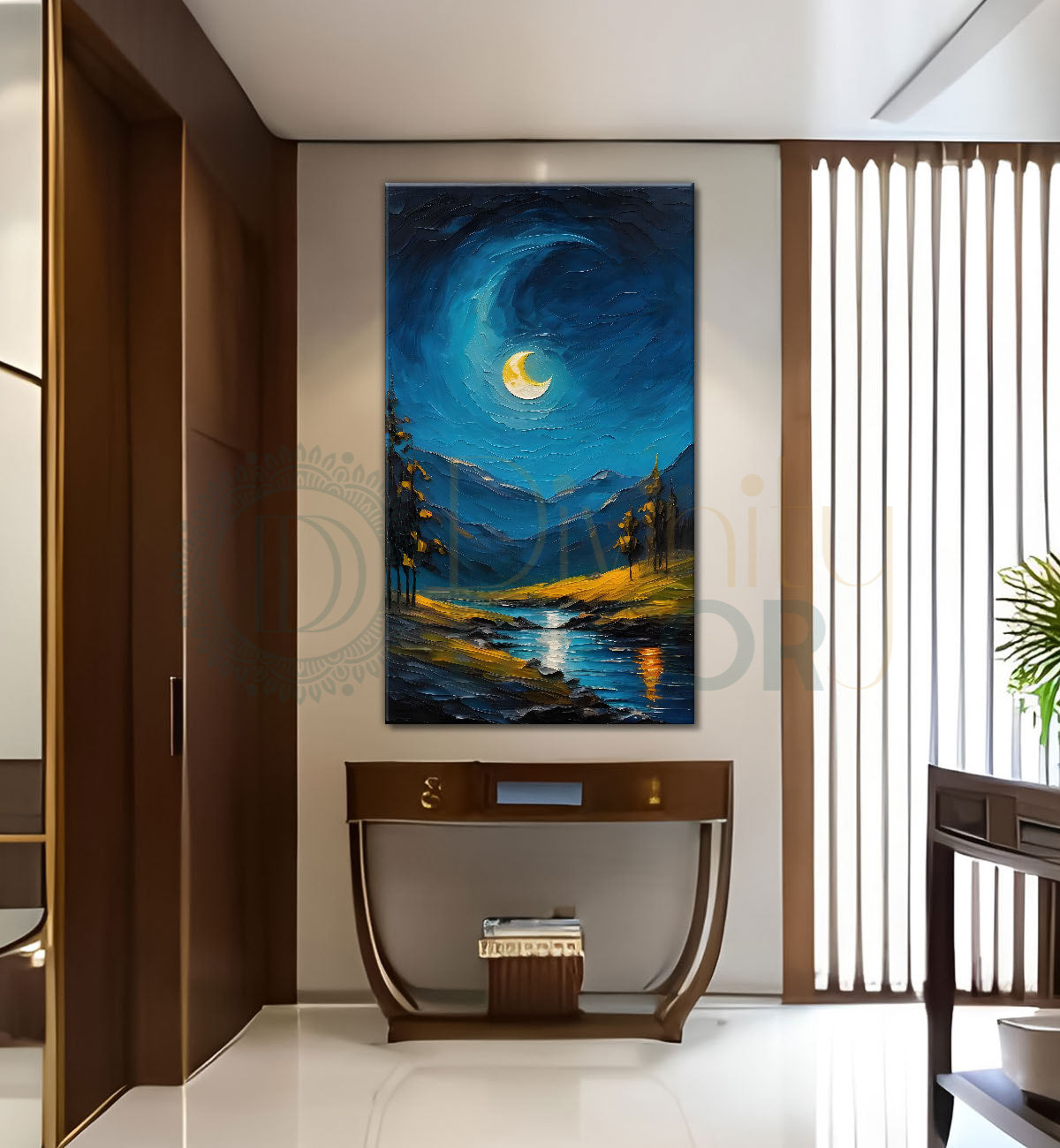 Lake with mountians in night background with moon textured painting Canvas Painting - Nature Art -V-75