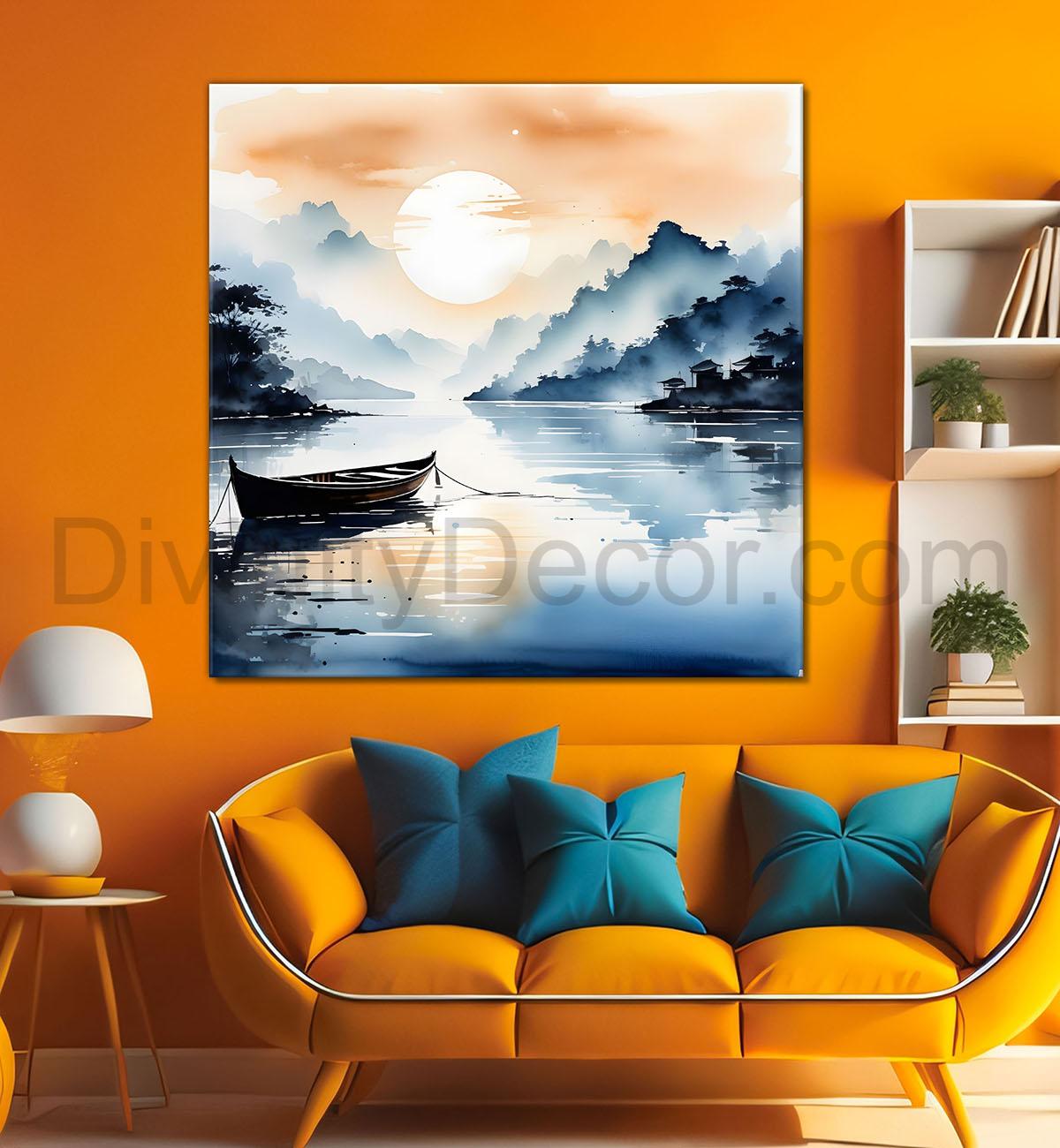 Mountains and the river with tree water colour painting 24X24- Nature Art -S-75