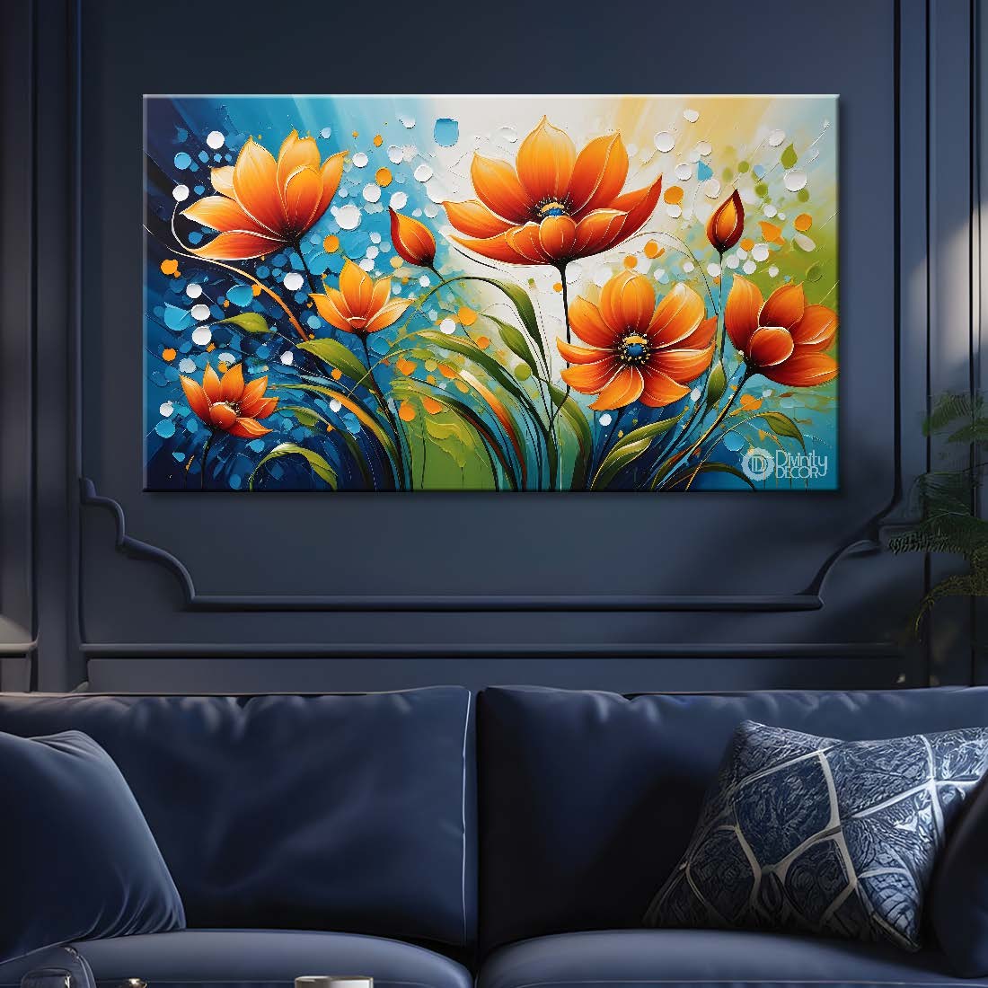 Orange flowers with blue textured background textured painting- Design - Flower-76