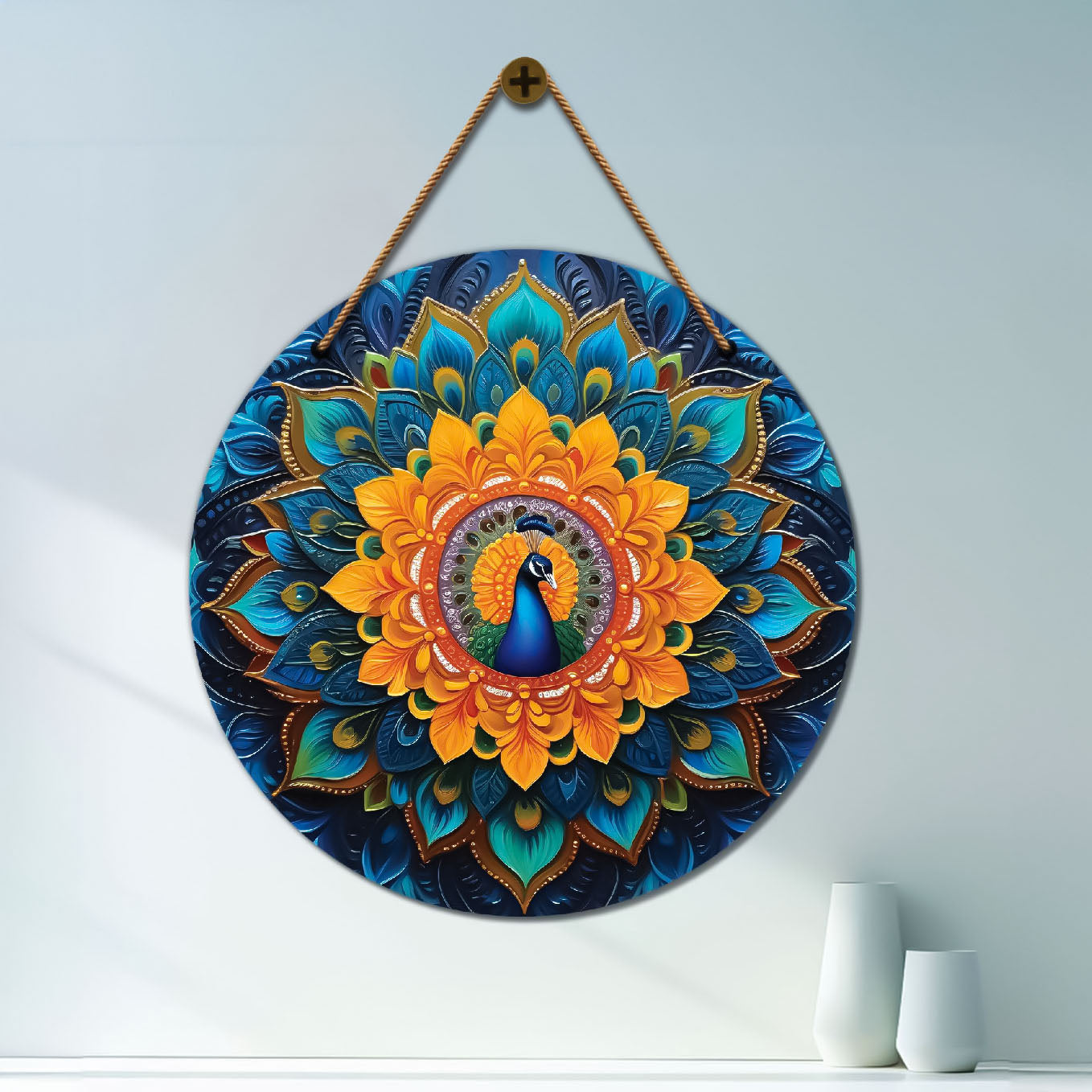 Peacock in orange and green mandala Round Wooden Wall Hanging for wall Décor - Design - 76