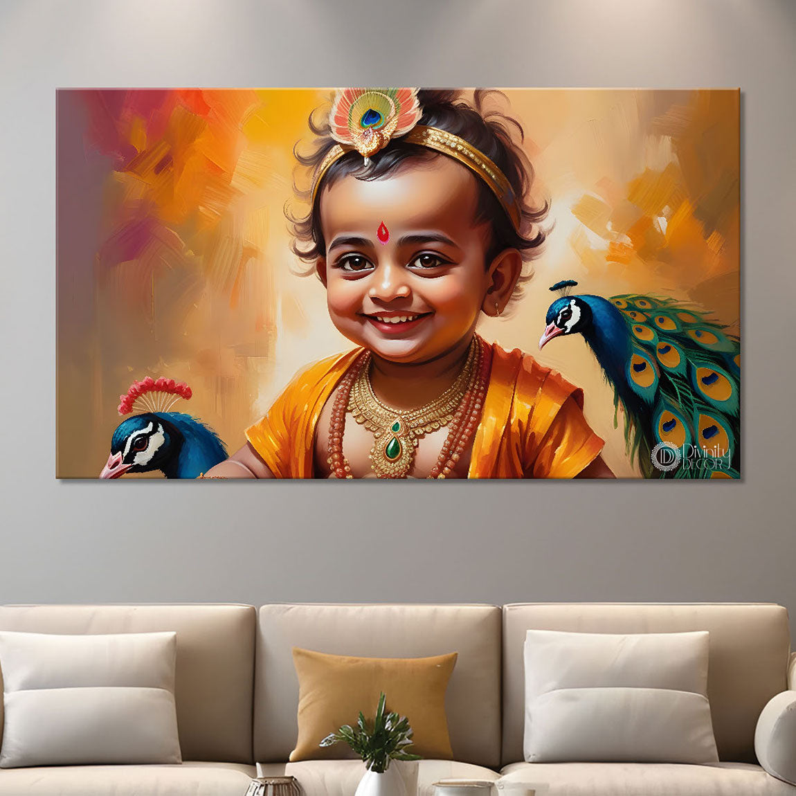 Baby with peacock painting Canvas Painting - Design - Krishna-76