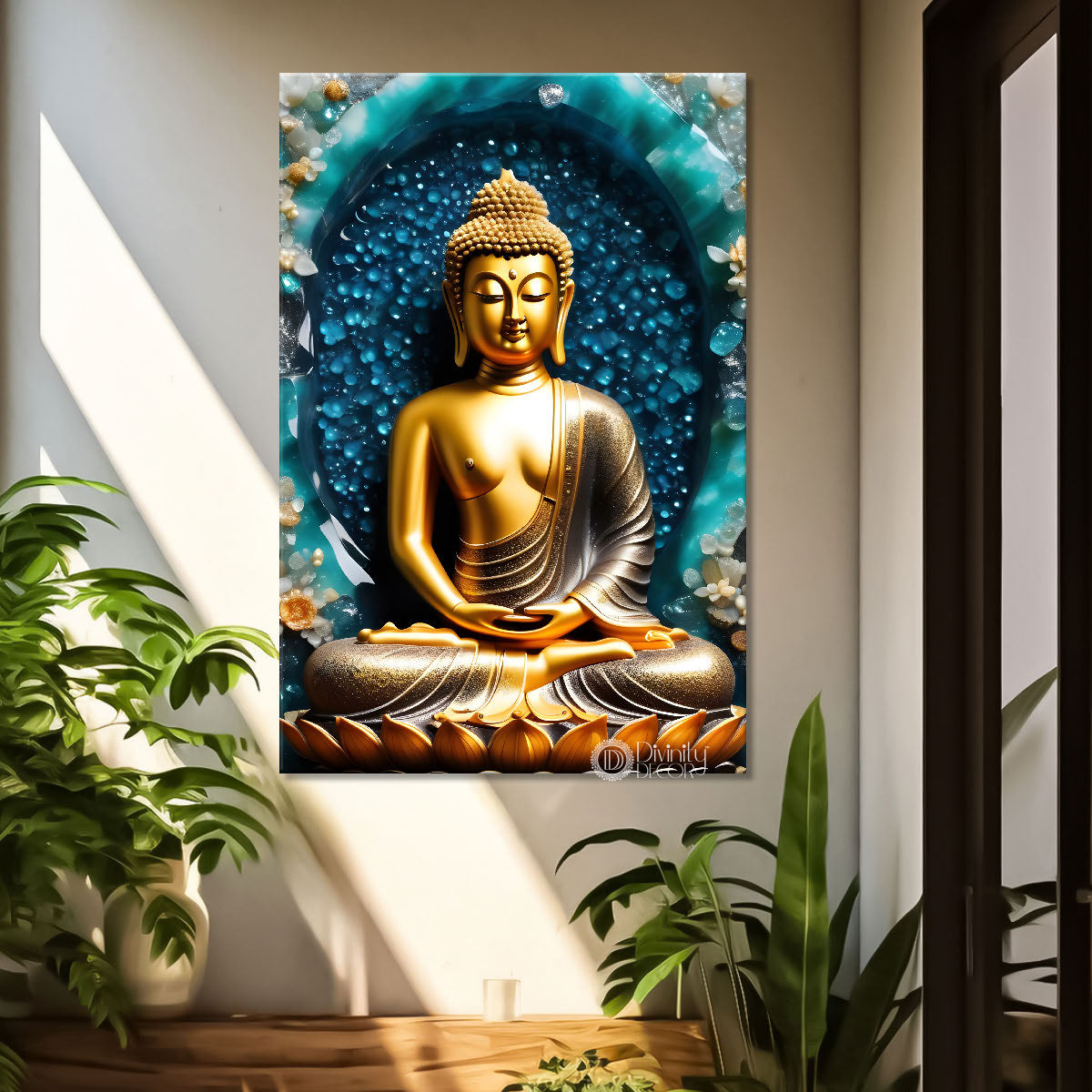 Golden buddha with blue background painting - Buddha-V-76